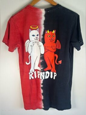 RIPNDIP Men’s Graphic T-shirt Size S Angel Devil Cats Black Red Tie Dye Cotton